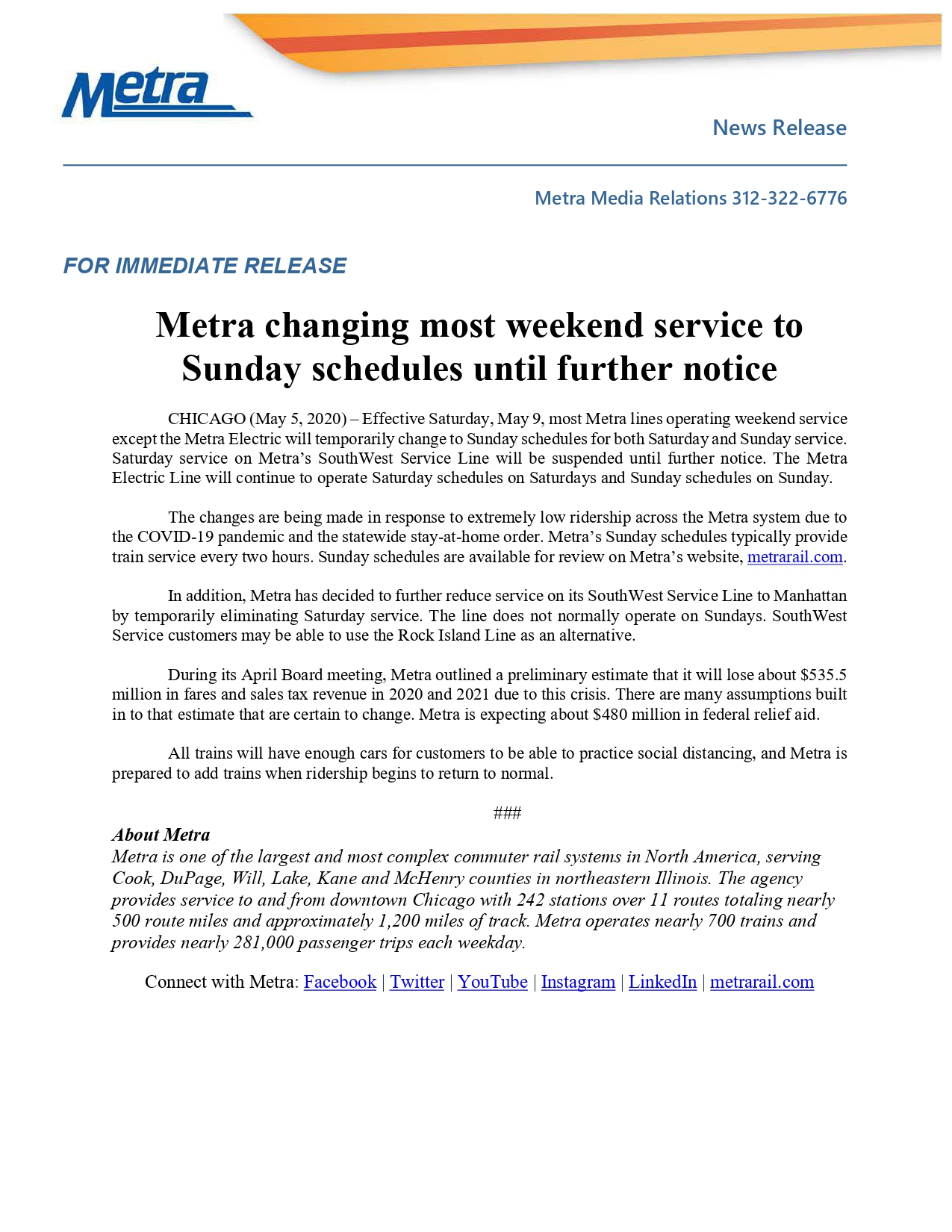 Metra Weekend Schedule Changes News Release 05-05-2020