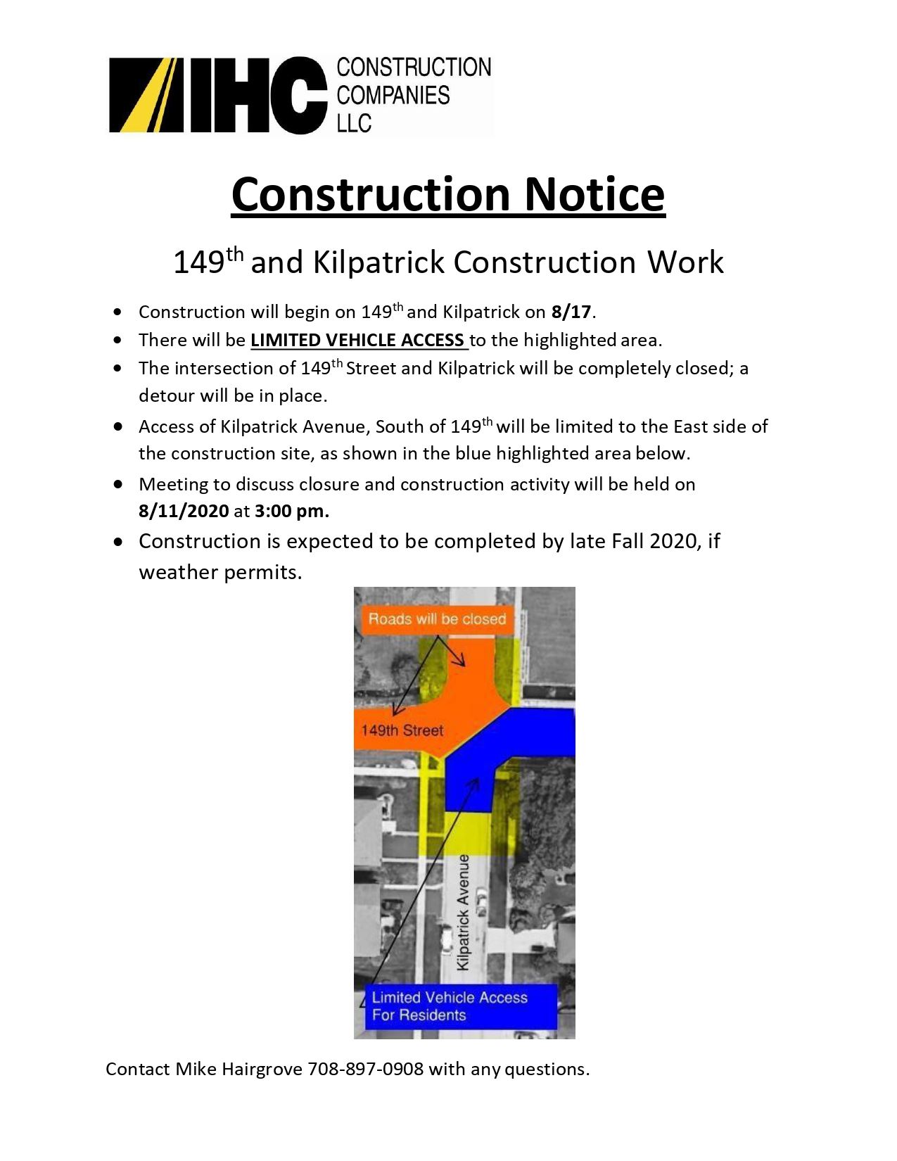149th and Kilpatrick Construction Notice - 1