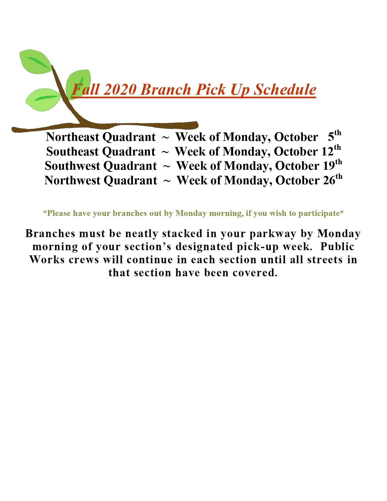 Fall 2020 Branch Pick Up Schedule