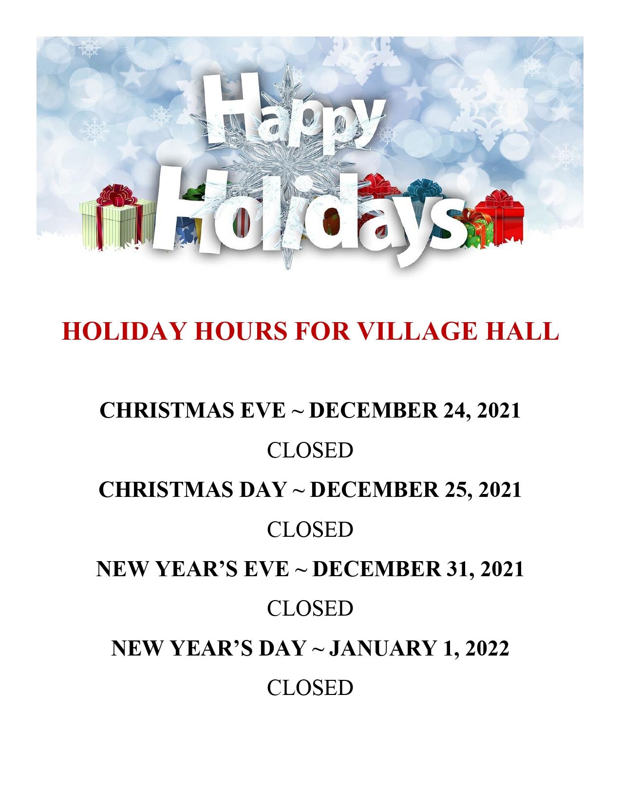 HOLIDAY HOURS FOR VILLAGE HALL 2021_page-0001